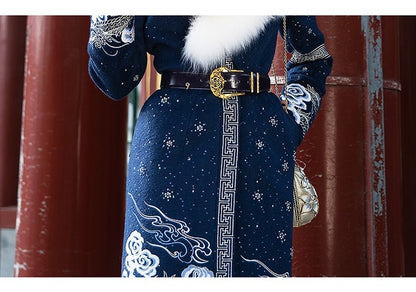 Magic Q dark blue heavy industry dragon embroidery slim big fox fur collar tweed coat - LIa