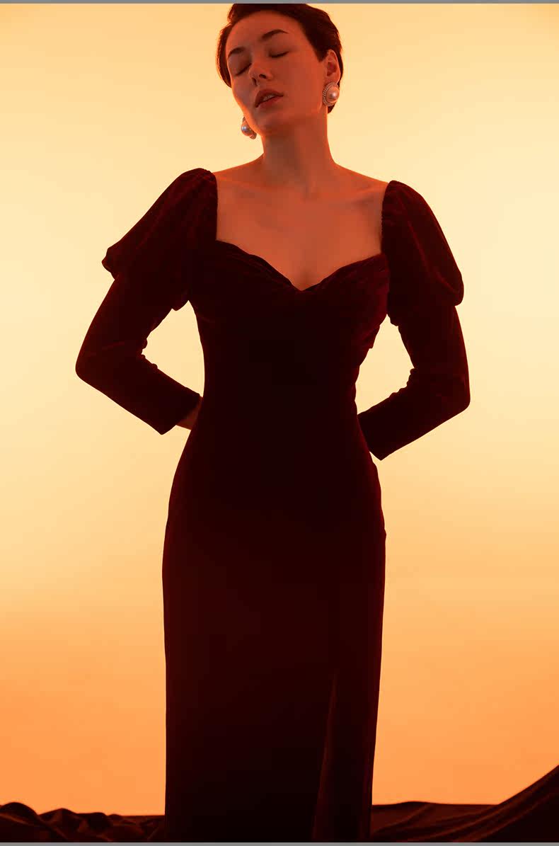 GOUDIN women's long sleeve velvet front slit long dress- RIVER.