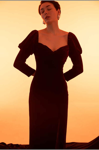 GOUDIN women's long sleeve velvet front slit long dress- RIVER.