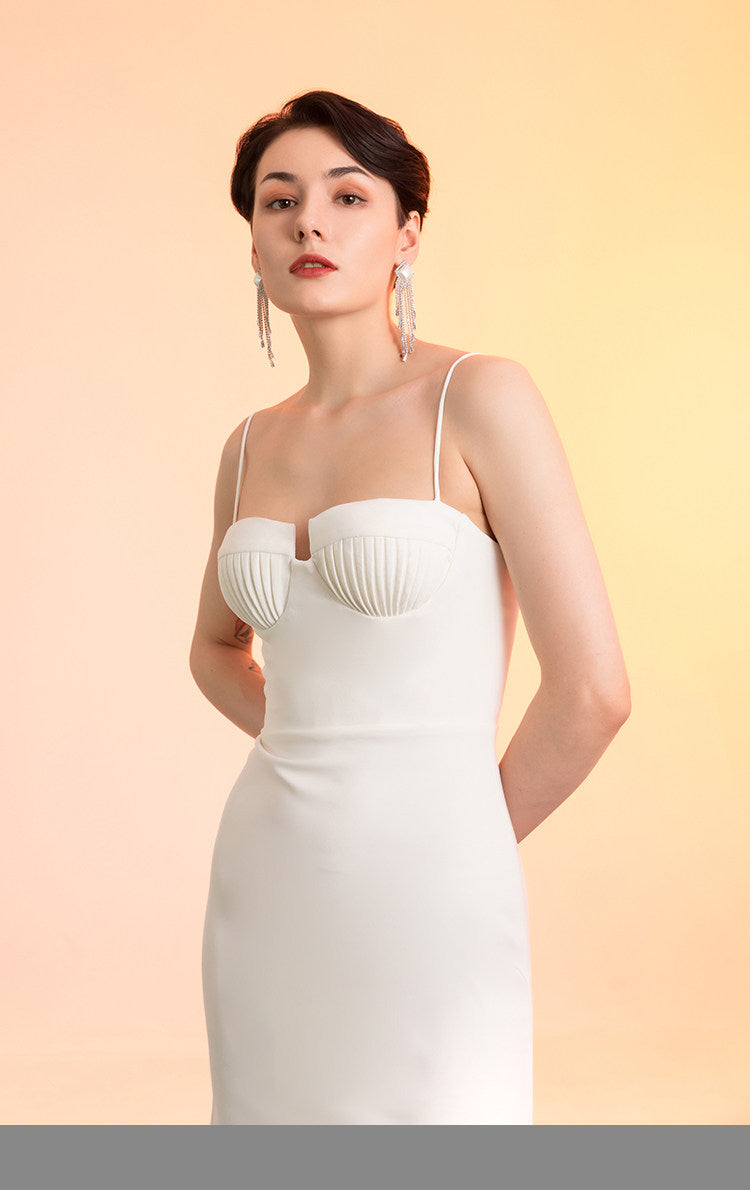 GOUDIN white long suspender slim dress high-end texture host dress-FIN.