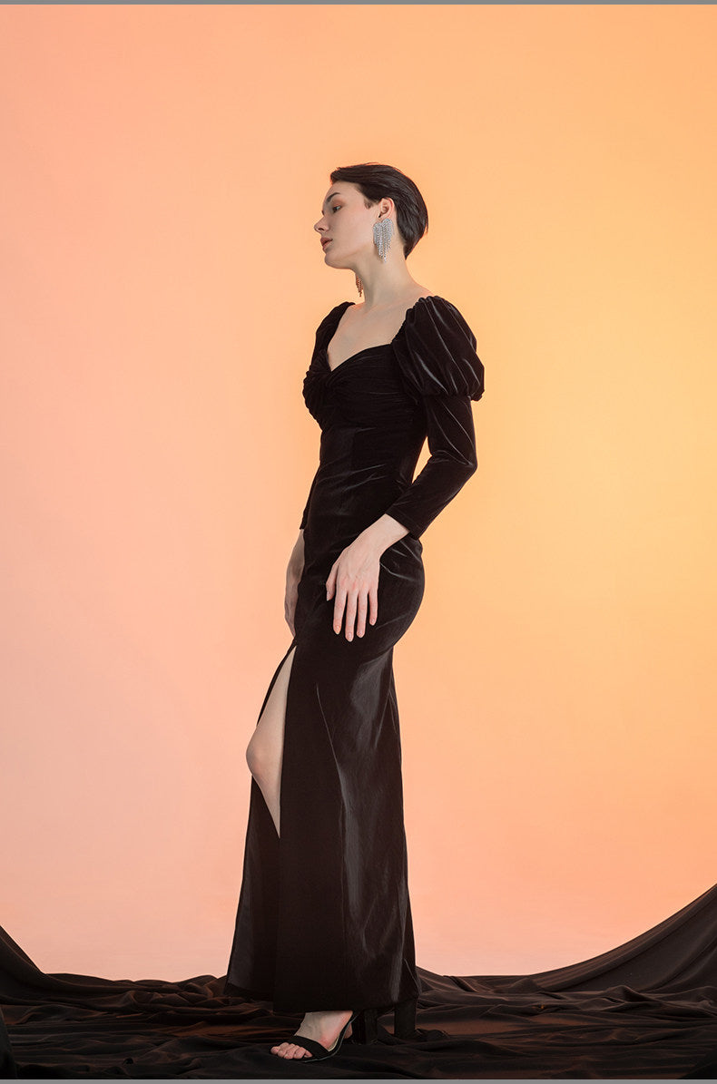 GOUDIN women's long sleeve velvet front slit long dress- RIVER.