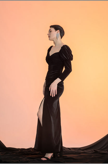 GOUDIN women's long sleeve velvet front slit long dress- RIVER.