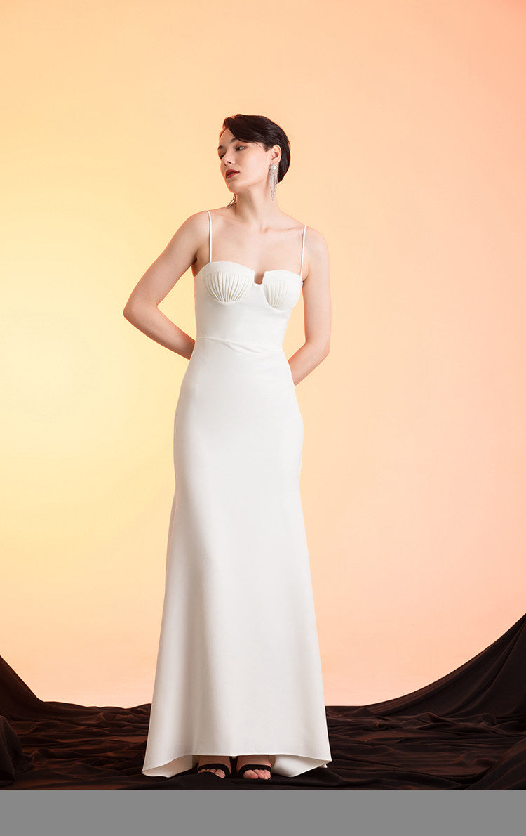 GOUDIN white long suspender slim dress high-end texture host dress-FIN.