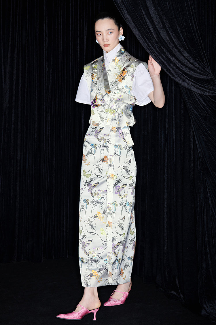 M essential Mackay designer butterfly beaded quilted cottonskirt vest shirt set - toes.