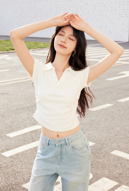 YES BY YESIR | Ye Qian  Y-Triangle Tag Polo Neck T-Shirt Delicate Pleats-LOREINE.