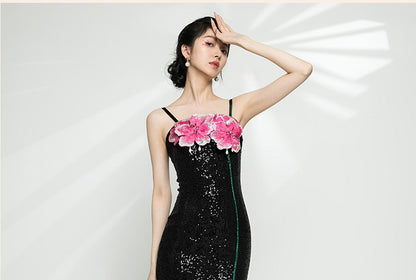 Magic Q hand-beaded embroidered peony suspender premium sequin black dress