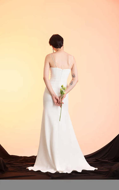 GOUDIN white long suspender slim dress high-end texture host dress-FIN.
