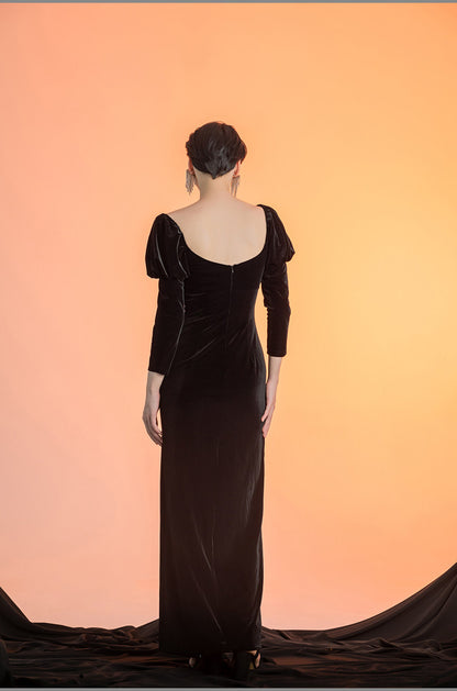 GOUDIN women's long sleeve velvet front slit long dress- RIVER.