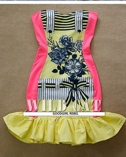 Le palais Vintage WILD CAT COLLECTION : Fluorescent contrast floral pattern sexy vintage ruffled strapless dress - Sekele