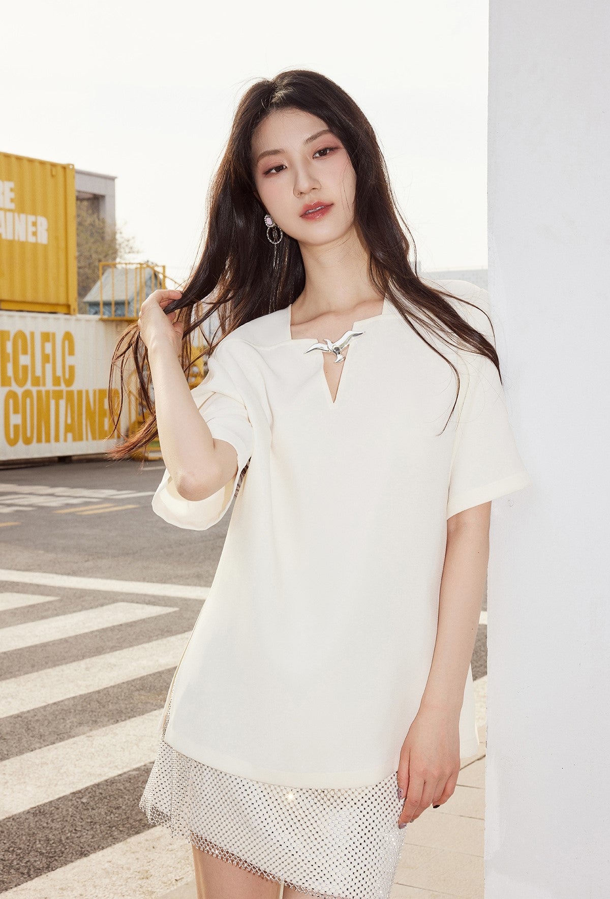 YES BY YESIR | Ye Qians Grace Flying Seagull Chiffon Shirt Light Short Sleeves-MARISELLE.