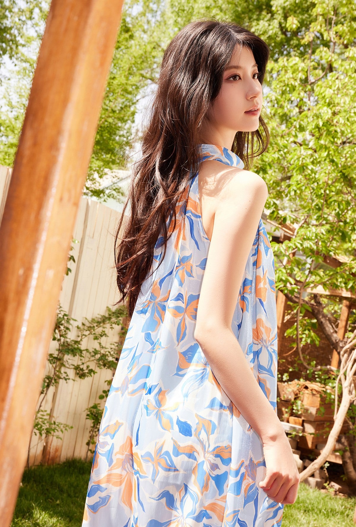 YES BY YESIR |Ye Qian Streamer Yarn Print Strappy Dress with Sunset Flow - MELANIA.