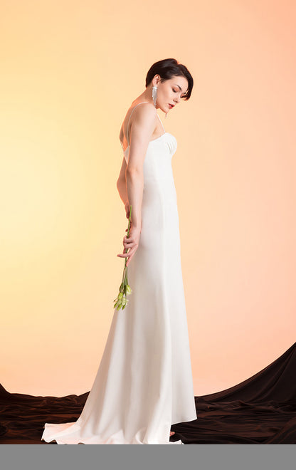 GOUDIN white long suspender slim dress high-end texture host dress-FIN.