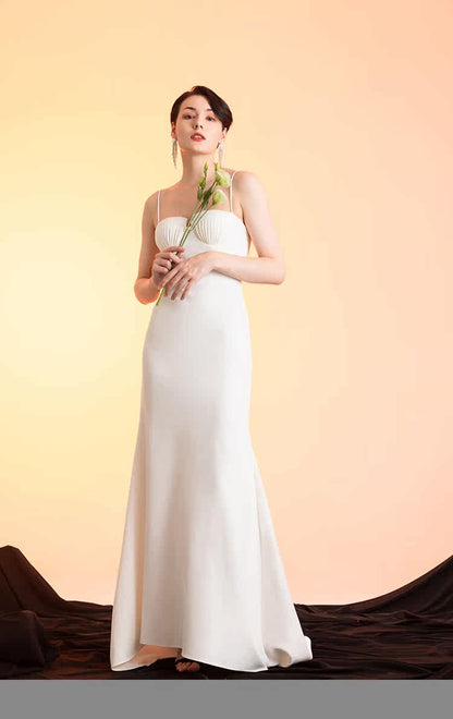 GOUDIN white long suspender slim dress high-end texture host dress-FIN.