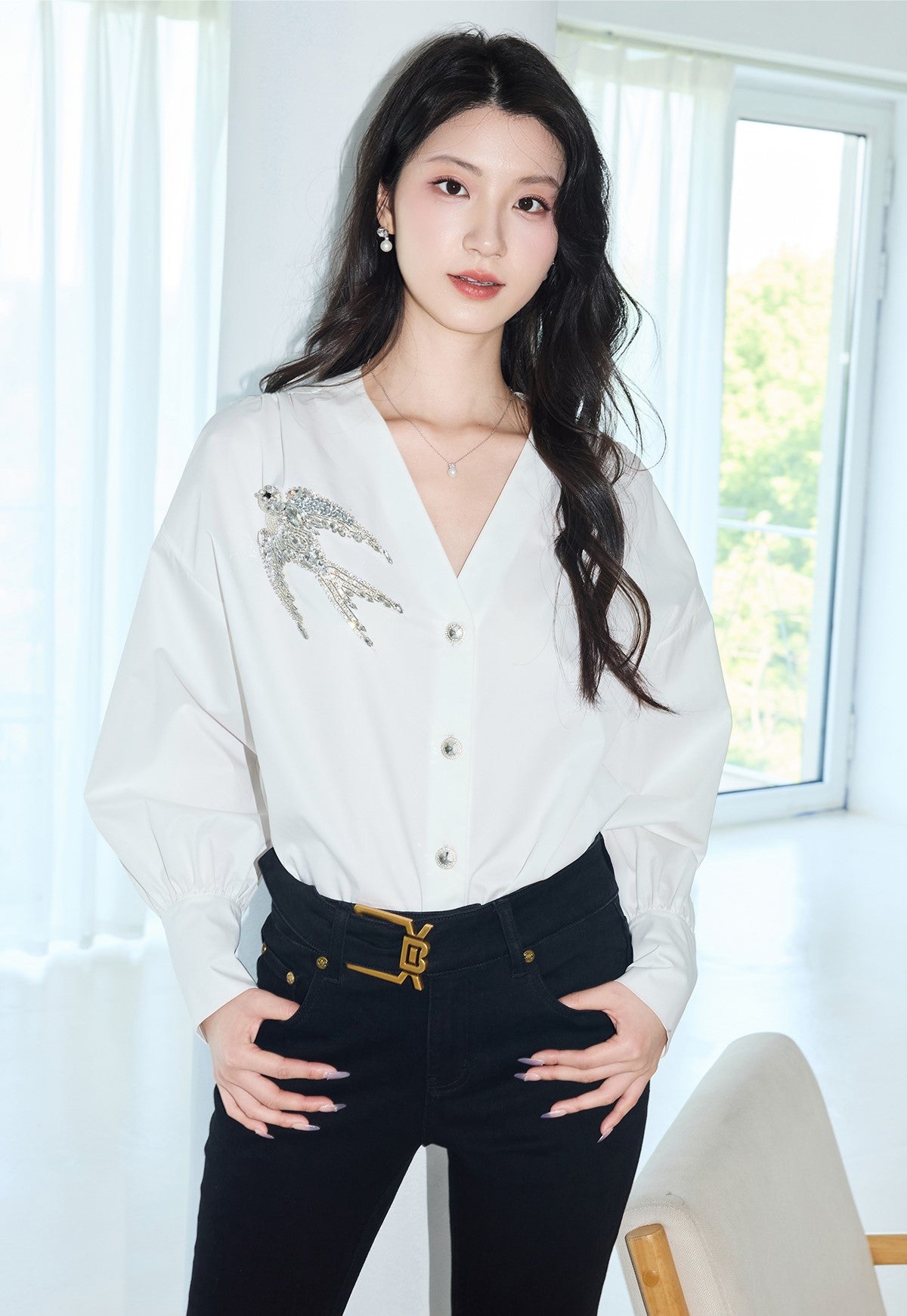 YES BY YESIR  Asuka diamond V-neck loose shirt - MIGHTY.