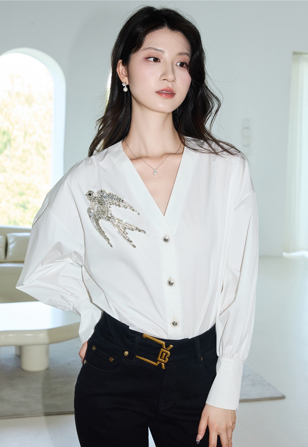 YES BY YESIR  Asuka diamond V-neck loose shirt - MIGHTY.