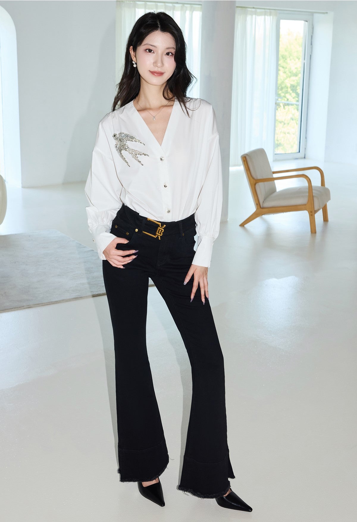 YES BY YESIR  Asuka diamond V-neck loose shirt - MIGHTY.