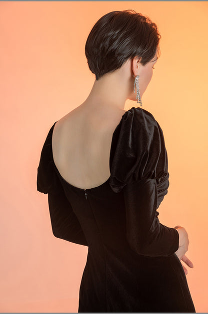 GOUDIN women's long sleeve velvet front slit long dress- RIVER.