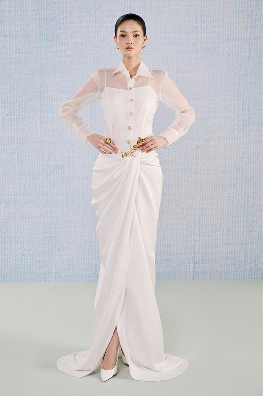 White Plan Wedding White Draped Silk Blend long Floor Length Skirt Sarong- Opal Skirt