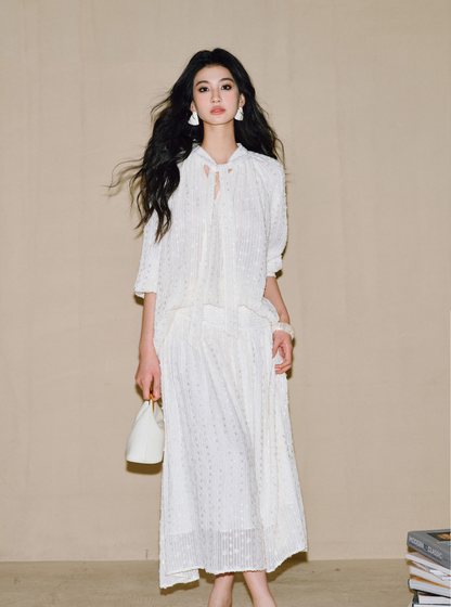 WANGXO | 3D Granular Jacquard Micro-Wrinkle Streamer V-Neck Top & Skirt Set- ADA.