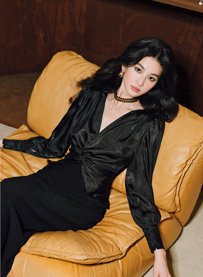 WANGXO | Wrinkled Bright Silk Satin Hemp V-Neck Twisted Waist Slim Dress -ZAYA.