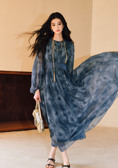 WANGXO | Double-Sided Messy Linen Hand-Spliced Satin Waist Hem Dress - NÍLA.