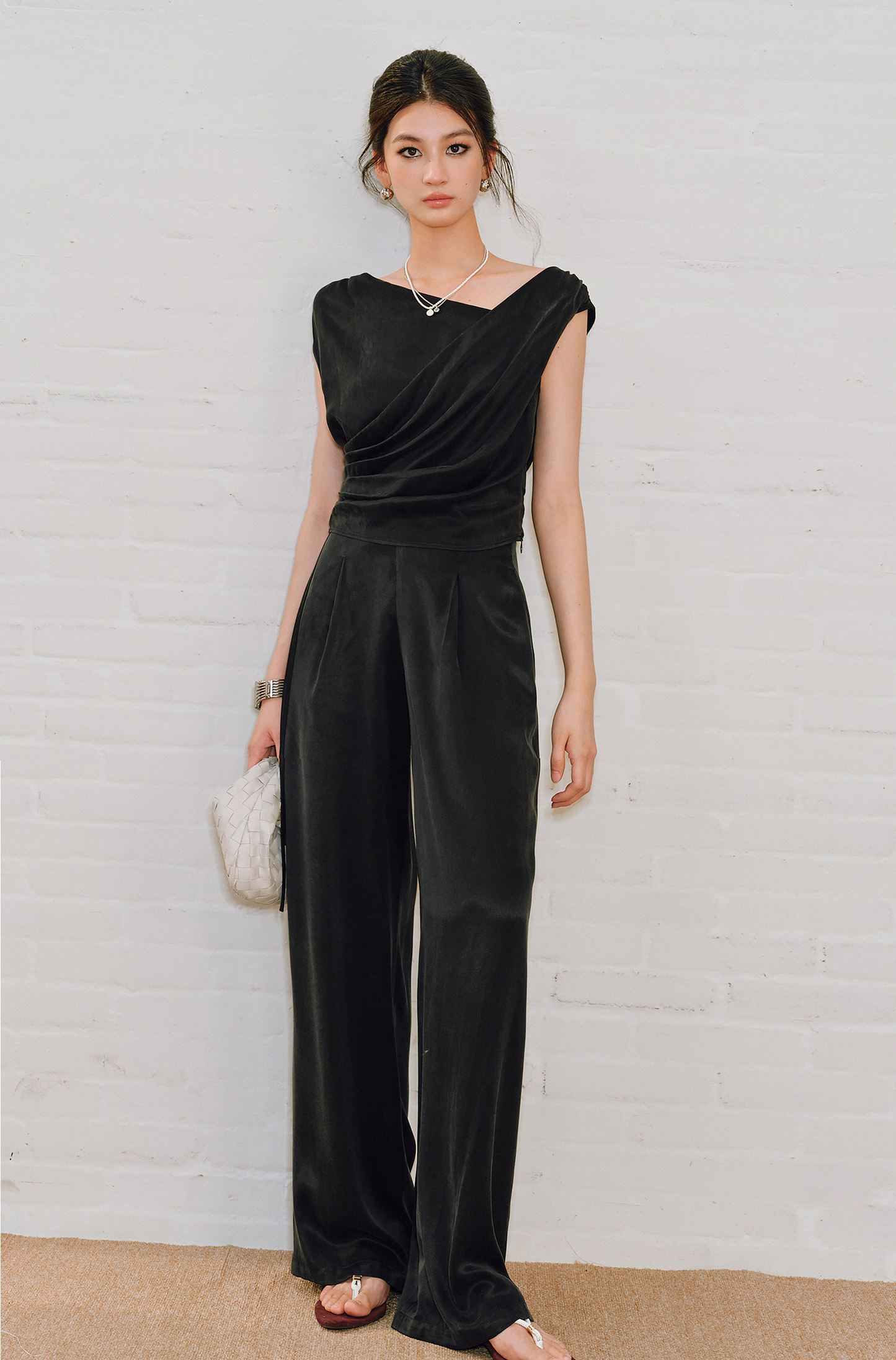 WANGXO | Sleek Cupro Asymmetrical Top and Highwaisted Pants Set -ELENORA.