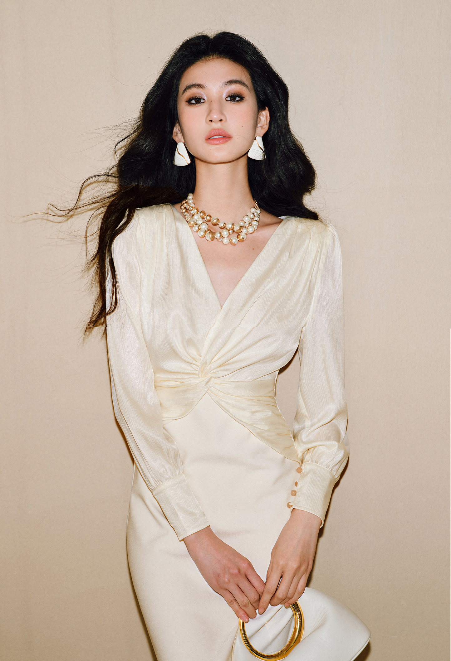 WANGXO | Wrinkled Bright Silk Satin Hemp V-Neck Twisted Waist Slim Dress -ZAYA.
