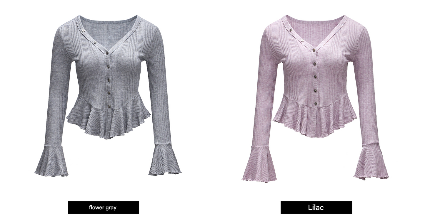 WANGXO | Bright Silk Knit V-Neck Waist Ruffle Top -SÁYA.