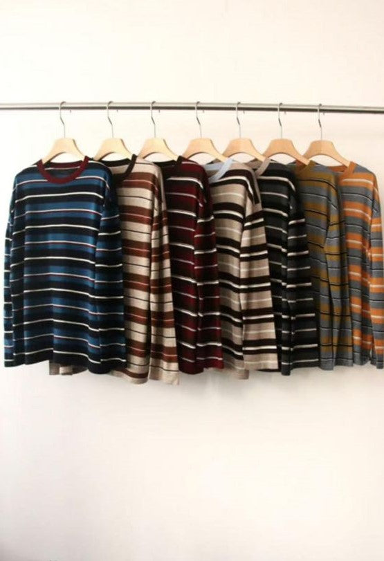 PIAOIN stripe design neutral loose long sleeve T-shirt silk wool knitwear spring-CIX