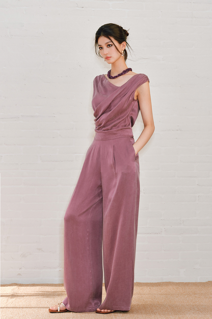 WANGXO | Sleek Cupro Asymmetrical Top and Highwaisted Pants Set -ELENORA.