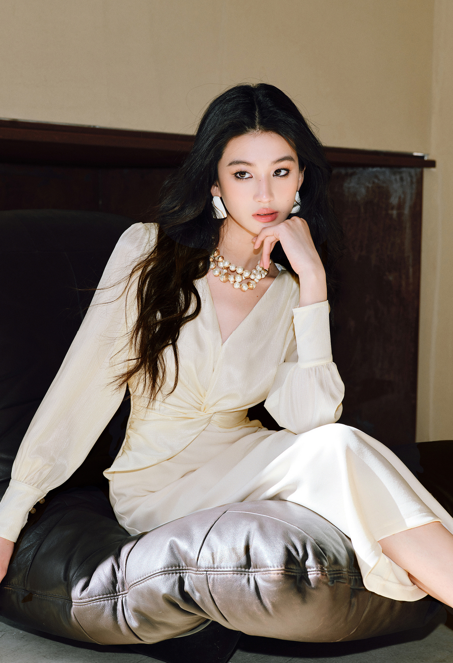 WANGXO | Wrinkled Bright Silk Satin Hemp V-Neck Twisted Waist Slim Dress -ZAYA.