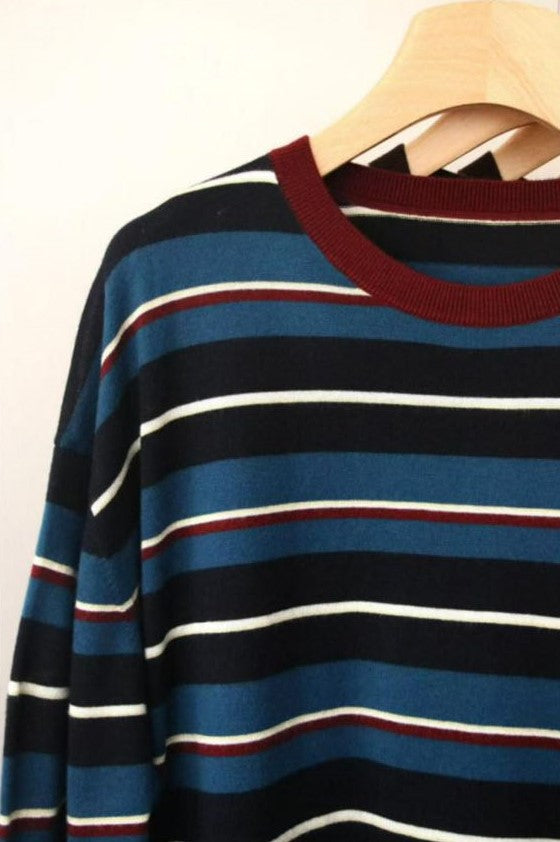 PIAOIN stripe design neutral loose long sleeve T-shirt silk wool knitwear spring-CIX