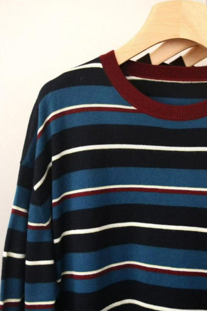 PIAOIN stripe design neutral loose long sleeve T-shirt silk wool knitwear spring-CIX
