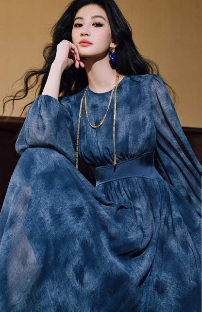 WANGXO | Double-Sided Messy Linen Hand-Spliced Satin Waist Hem Dress - NÍLA.