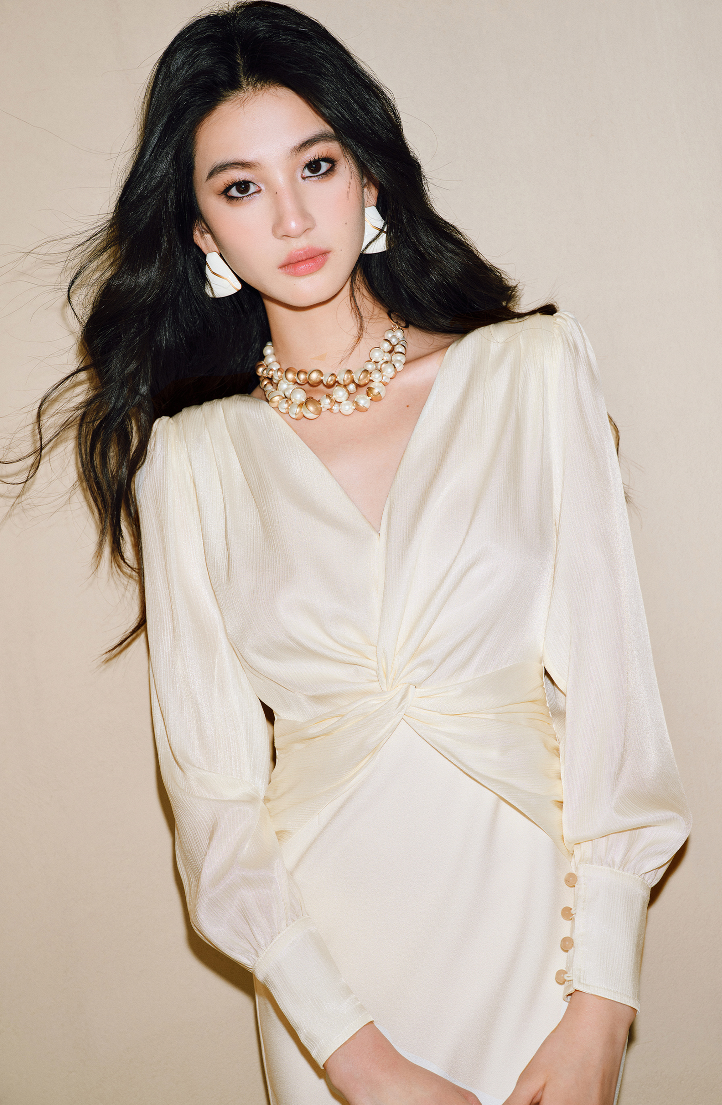 WANGXO | Wrinkled Bright Silk Satin Hemp V-Neck Twisted Waist Slim Dress -ZAYA.