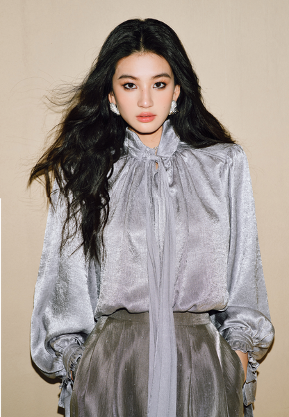 WANGXO | Glossy Satin Scratch & Bright Silk Interlace Pleated Streamer V-Neck Shirt -FÍYA.
