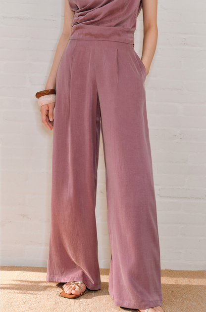 WANGXO | Sleek Cupro Asymmetrical Top and Highwaisted Pants Set -ELENORA.