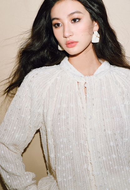 WANGXO | 3D Granular Jacquard Micro-Wrinkle Streamer V-Neck Top & Skirt Set- ADA.