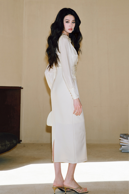 WANGXO | Wrinkled Bright Silk Satin Hemp V-Neck Twisted Waist Slim Dress -ZAYA.