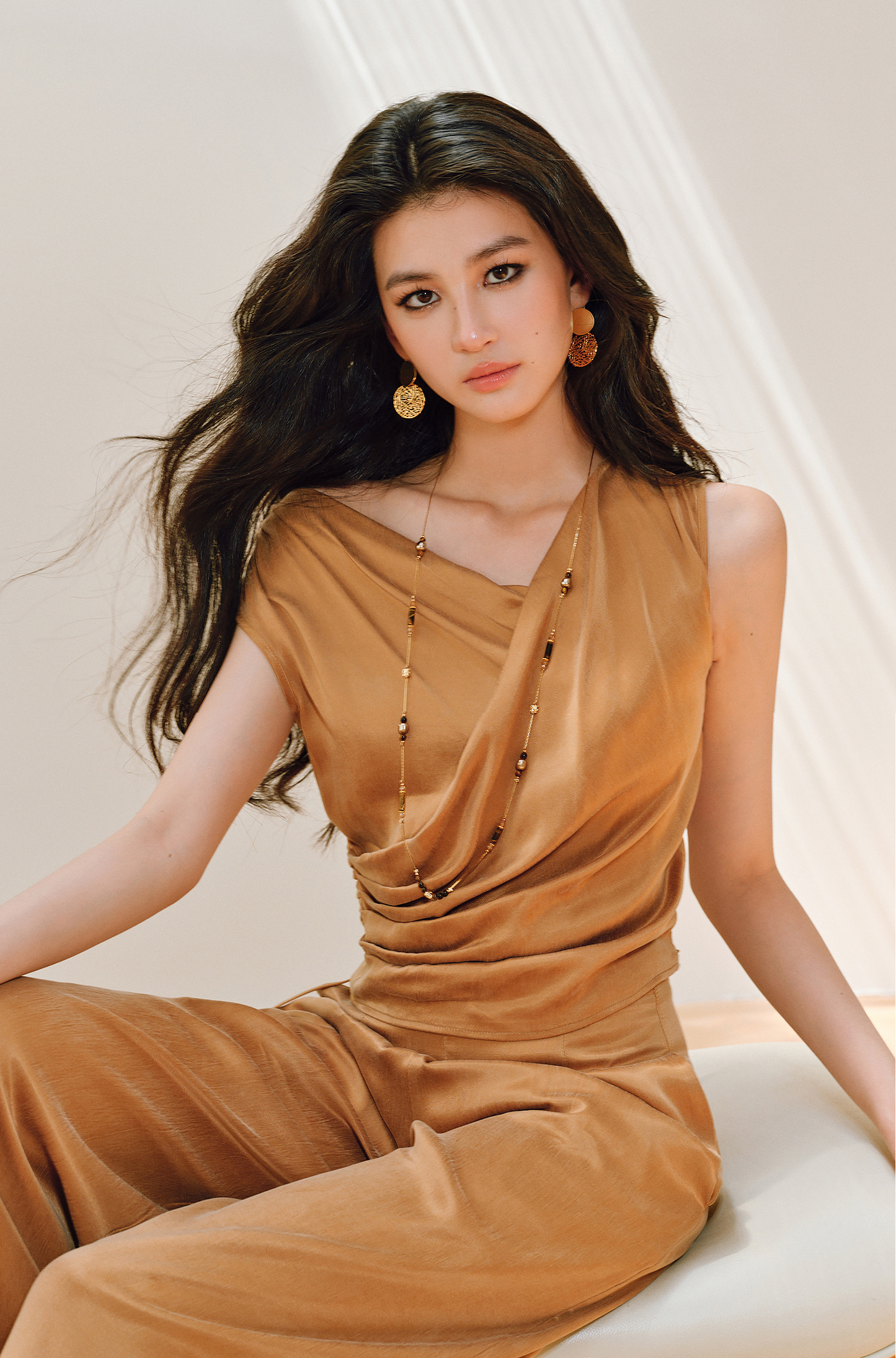 WANGXO | Sleek Cupro Asymmetrical Top and Highwaisted Pants Set -ELENORA.