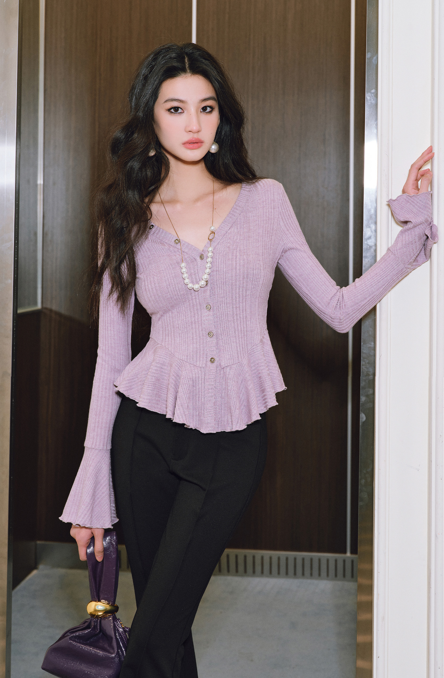 WANGXO | Bright Silk Knit V-Neck Waist Ruffle Top -SÁYA.