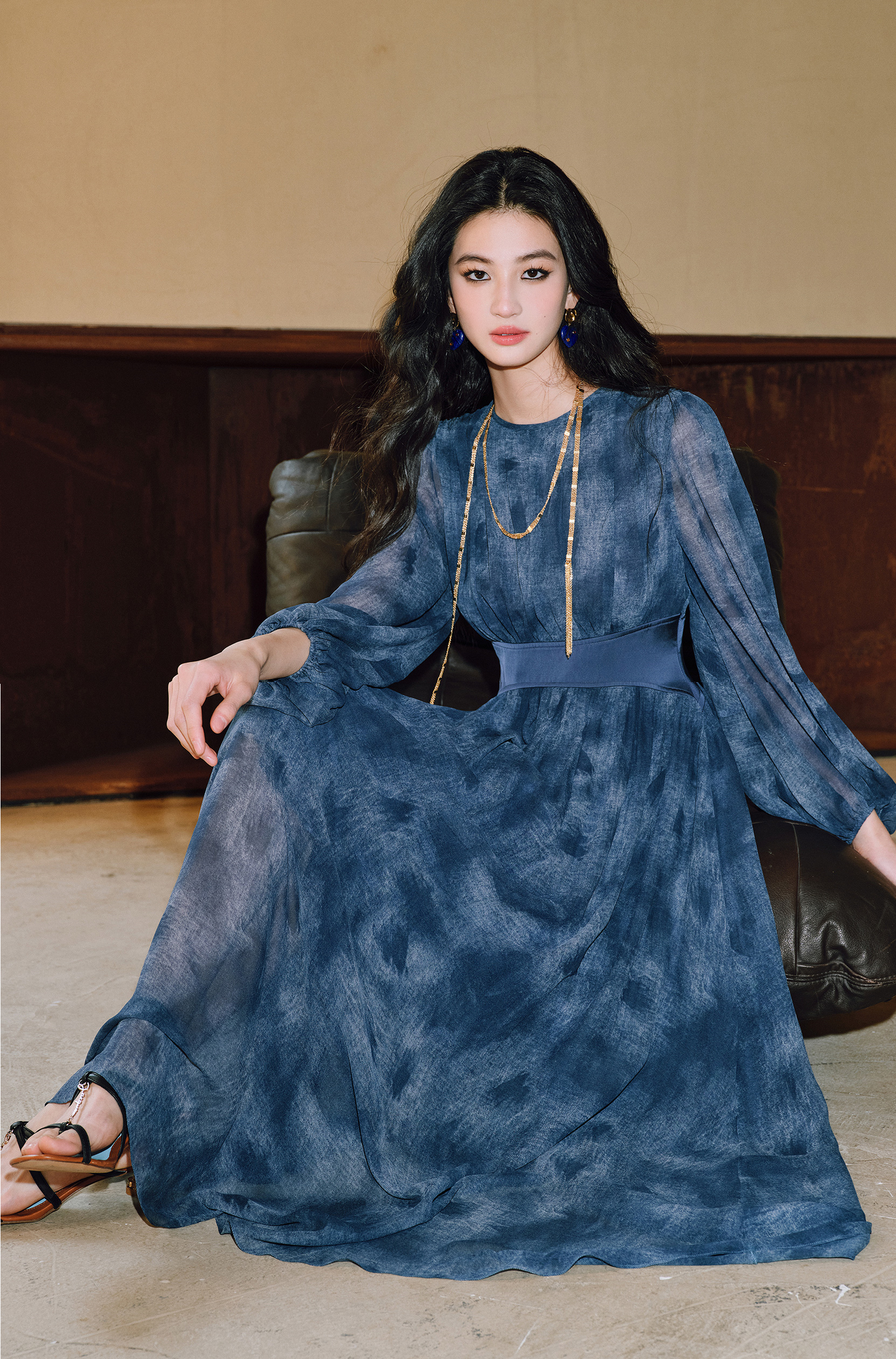 WANGXO | Double-Sided Messy Linen Hand-Spliced Satin Waist Hem Dress - NÍLA.