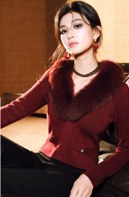 WANGXO | Luxury Wool Fixed Dyeing with Detachable Fox Fur Collar Knitted Top- JUNE.