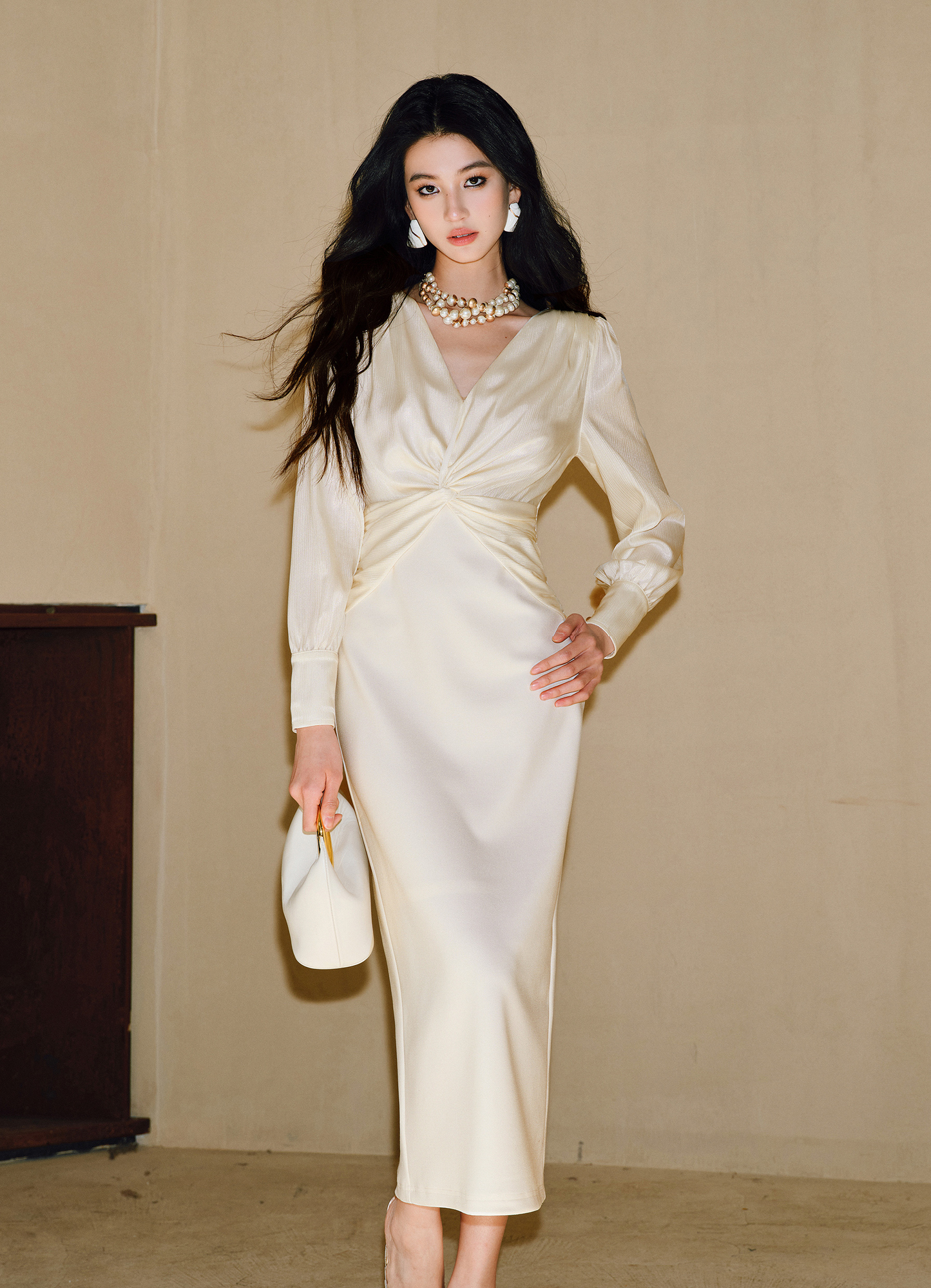 WANGXO | Wrinkled Bright Silk Satin Hemp V-Neck Twisted Waist Slim Dress -ZAYA.
