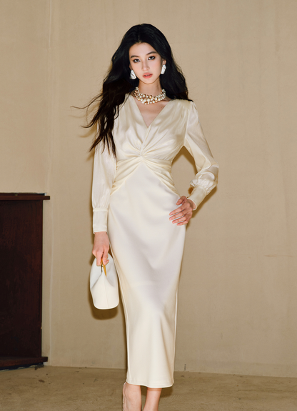 WANGXO | Wrinkled Bright Silk Satin Hemp V-Neck Twisted Waist Slim Dress -ZAYA.