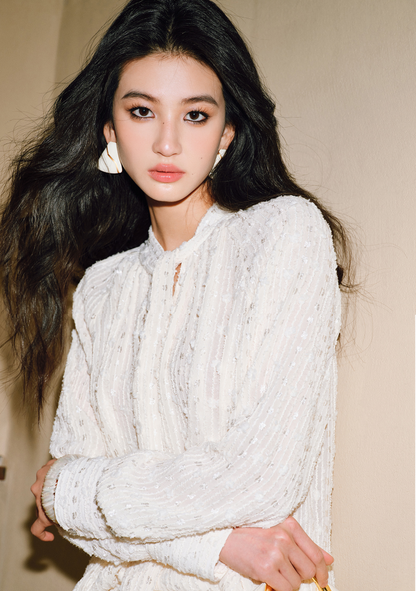 WANGXO | 3D Granular Jacquard Micro-Wrinkle Streamer V-Neck Top & Skirt Set- ADA.