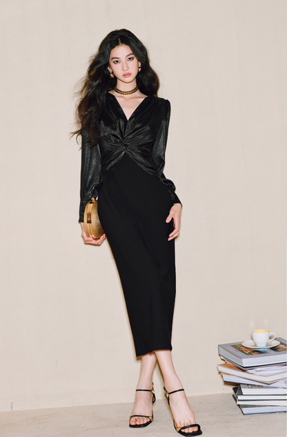 WANGXO | Wrinkled Bright Silk Satin Hemp V-Neck Twisted Waist Slim Dress -ZAYA.