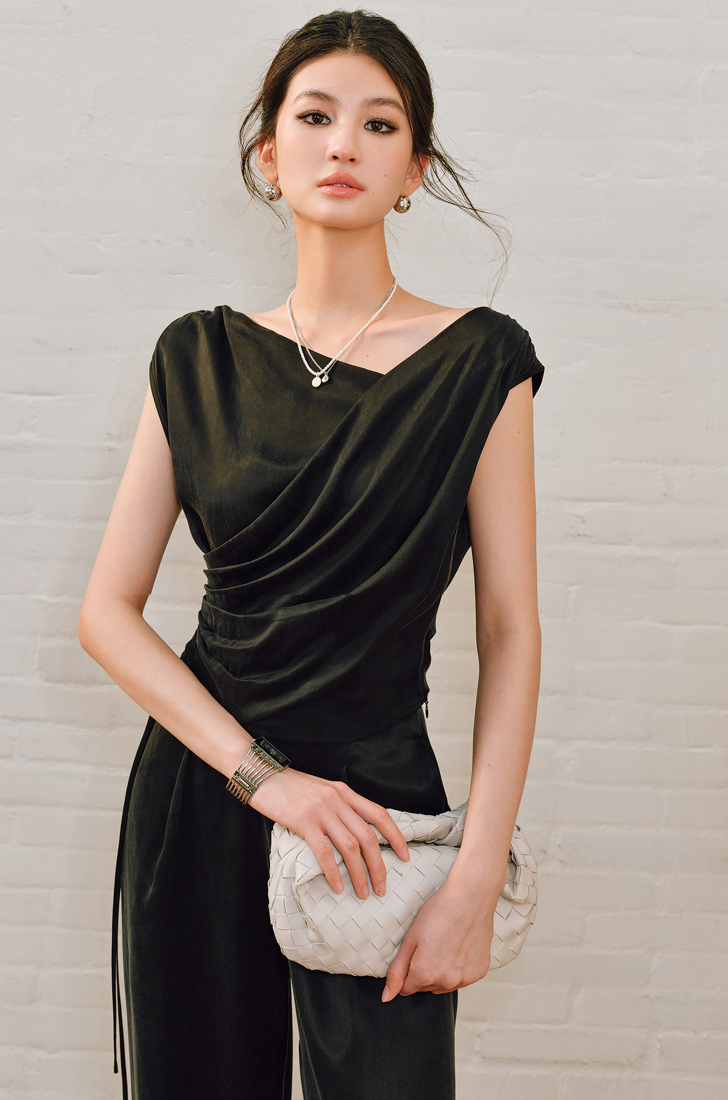 WANGXO | Sleek Cupro Asymmetrical Top and Highwaisted Pants Set -ELENORA.