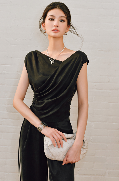 WANGXO | Sleek Cupro Asymmetrical Top and Highwaisted Pants Set -ELENORA.