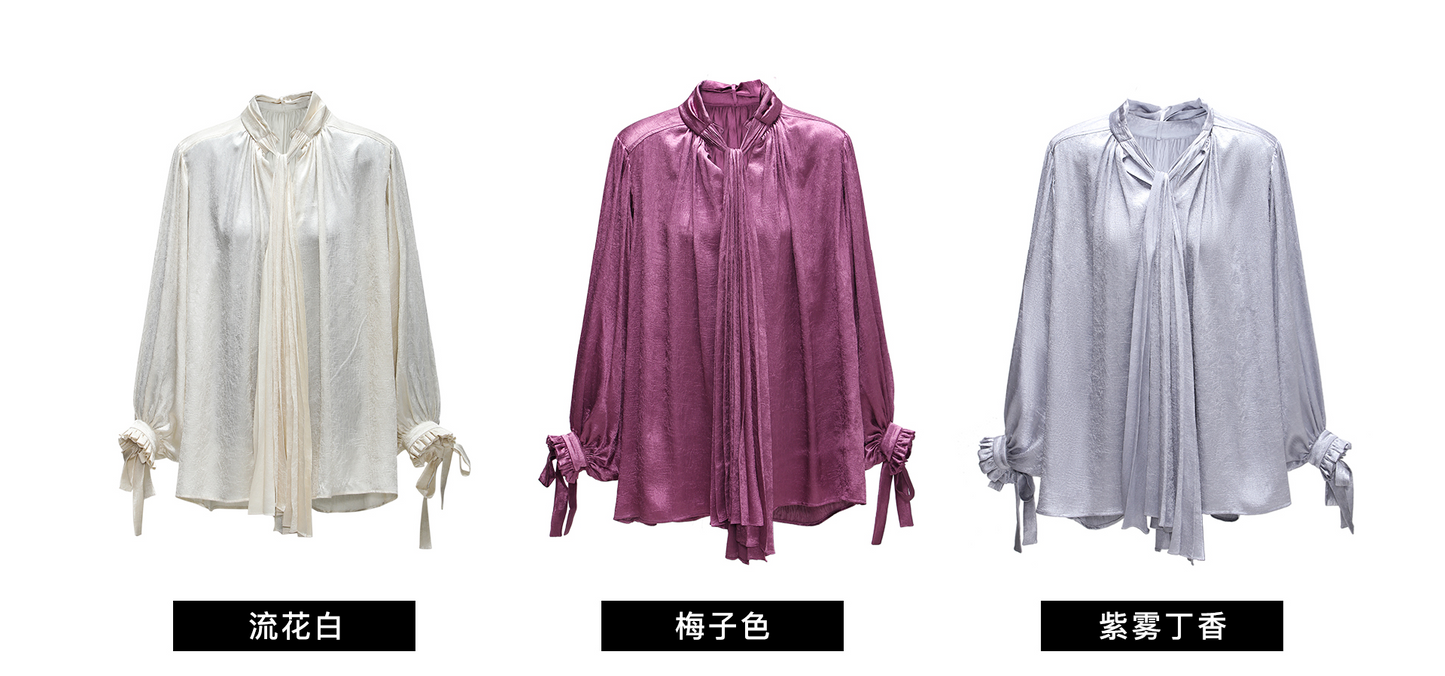 WANGXO | Glossy Satin Scratch & Bright Silk Interlace Pleated Streamer V-Neck Shirt -FÍYA.